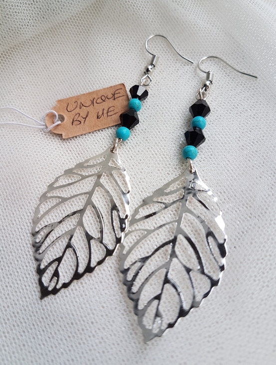 Swarovski Jewelry - Swarovski Elements Black Crystals & Genuine Turquoise Silver Leaf Earrings NEW